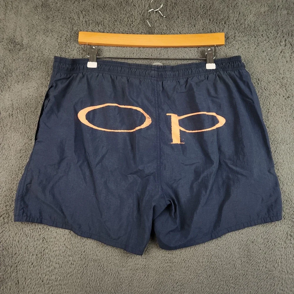 Ocean Pacific Y2K Swim Shorts Mens Med Navy Blue Lined Big Logo Beachwear Surf